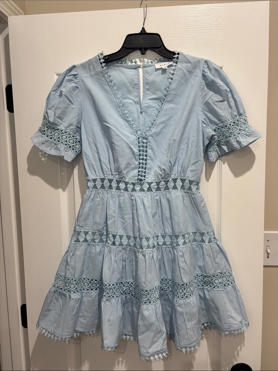 Mable Dresses & Skirts - Light Blue Lace-Trim V-Neck Tiered Mini Dress